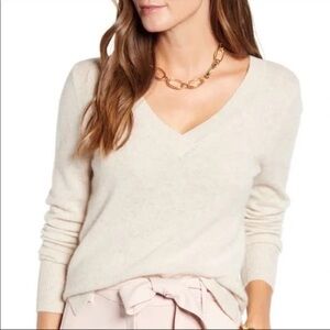 Nordstrom Halogen Women's Cashmere Ivory Cream V-Neck Sweater